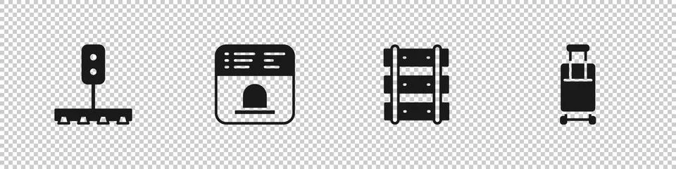 Set Train traffic light, Ticket office to buy tickets, Railway, railroad track Illustration