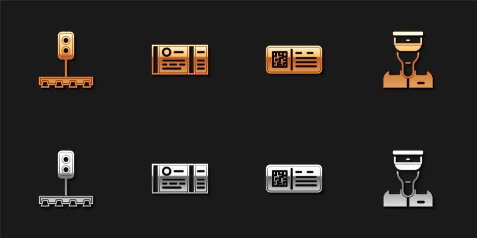 Set Train traffic light, ticket, QR code train and conductor icon. Vector Stock Illustration