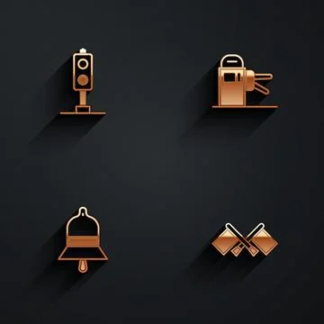 Set Train traffic light, Turnstile, station bell and Flag icon with long shadow Stock Illustration