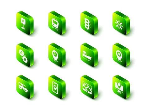 Set Train, Traffic light, Wind rose, Location with cross hospital, Monitor Illustrazione stock