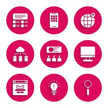 Set Training, Light bulb with concept of idea, Magnifying glass, Computer Stock Illustration