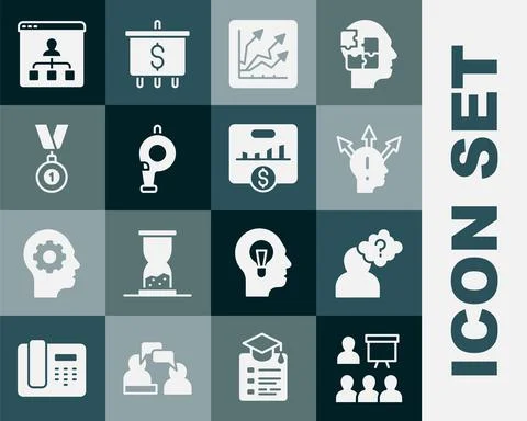 Set Training, presentation, Head with question mark, Project team base Illustrazione stock