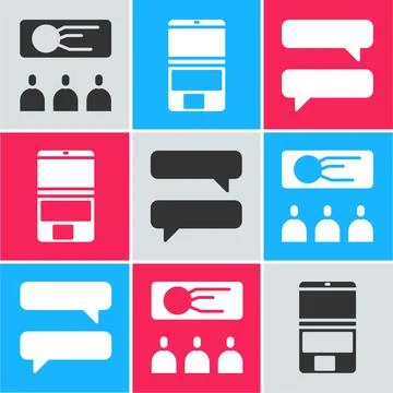 Set Training, presentation, Laptop and Speech bubble chat icon. Vector Stock Illustration