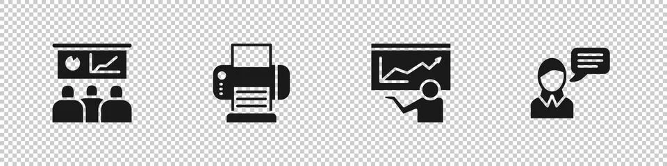 Set Training, presentation, Printer, and Speech bubble chat icon. Vector Stock Illustration