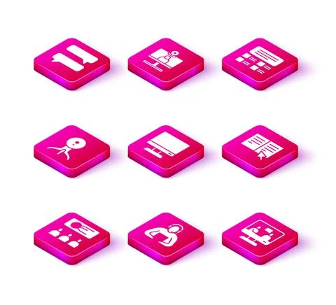 Set Training, presentation, Student, Web camera, Computer monitor screen, Online Illustrazione stock