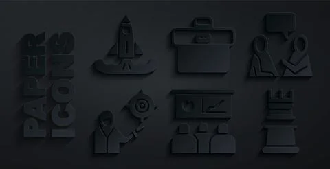 Set Training, presentation, Two sitting men talking, Marketing target strategy Stock Illustration