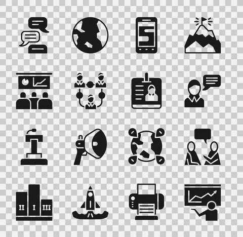 Set Training, presentation, Two sitting men talking, Speech bubble chat, Chat Stock Illustration