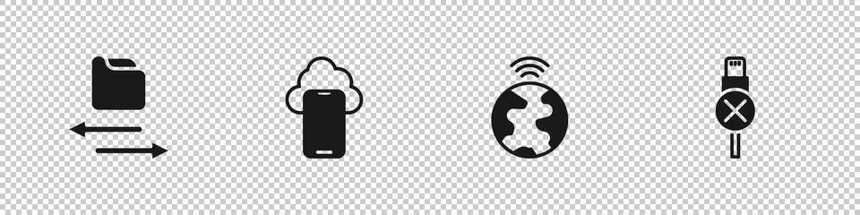 Set Transfer files, Cloud technology data, Global and No usb cable cord icon Stock Illustration