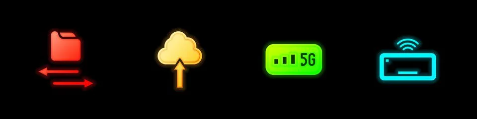 Set Transfer files, Cloud upload, 5G wireless internet and Computer keyboard Illustrazione stock