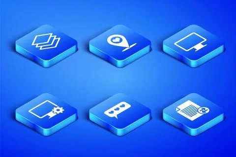 Set Transfer files, Layers, Like and heart, Computer monitor gear, Map pointer Stock Illustration