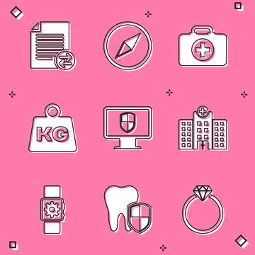 Set Transfer files, Wind rose, First aid kit, Weight, Monitor and shield and Ilustración de archivo