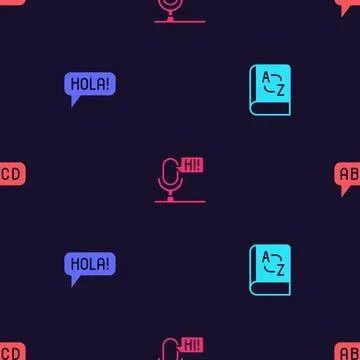 Set Translator book, Hola in different languages, Microphone voice device and Illustrazione stock