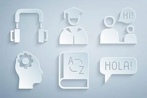Set Translator book, Two sitting men talking, Head with gear inside, Hola Stock Illustration