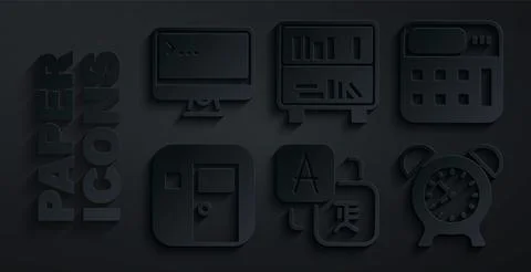 Set Translator, Calculator, School classroom, Alarm clock, Shelf with books and 스톡 일러스트