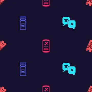 Set Translator, Train ticket, Mobile with and Bus on seamless pattern. Vector Illustrazione stock