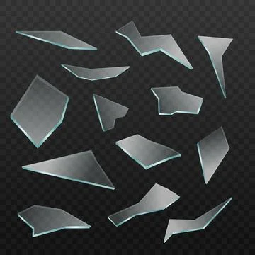 Set of transparent broken sharp glass shards a vector 3d realistic illustration. Illustrazione stock