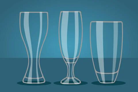Set of transparent clean cups. Three different forms glasses isolated on blue Stock Illustration