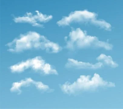 Set of transparent different clouds isolated on blue background. Real Stock Illustration