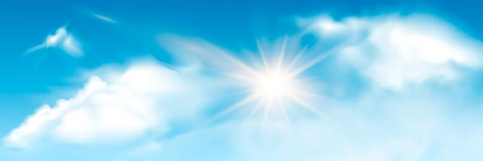 Set of transparent different clouds with sun. Spring, summer isolated on blue Stock Illustration