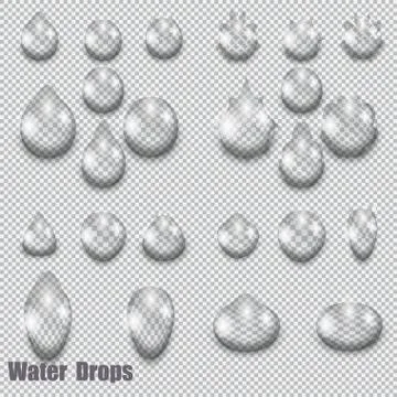 A set of transparent drops on a checkered background. Water. Drops of diffe.. Stock Illustration