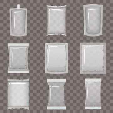 Set of transparent empty plastic packaging and vacuum containers mockups to Stock Illustration