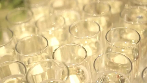 Set of transparent glasses filled with cold sparkling champagne, close-up Stockbeeldmateriaal 75231382