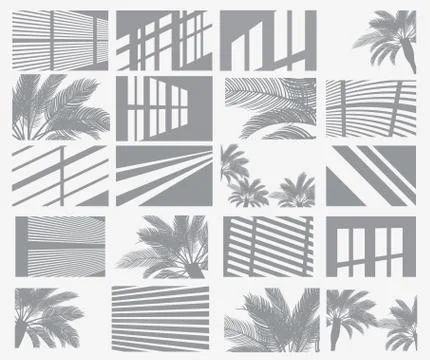 Set of Transparent Shadow Overlay Effects. Window Frames, Palm Tree and Blind 스톡 일러스트