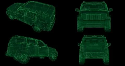 Set transparent SUV with simple straight lines of the body. 3d rendering. Illustrazione stock