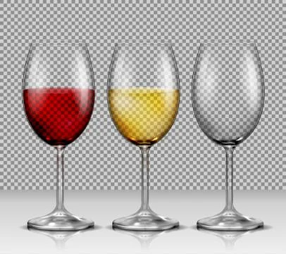 Set transparent vector wine glasses empty, with white and red wine Illustrazione stock