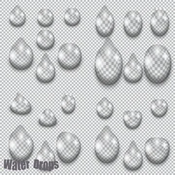 A set of transparent water drops on a checkered background. Drops of differ.. Stock Illustration