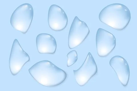 Set of transparent water drops of different shapes with shadows. Vector Stock Illustration