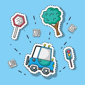 Set transportation and road elements patches design Illustrazione stock