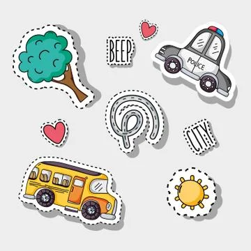 Set transportation and road elements patches design Illustrazione stock