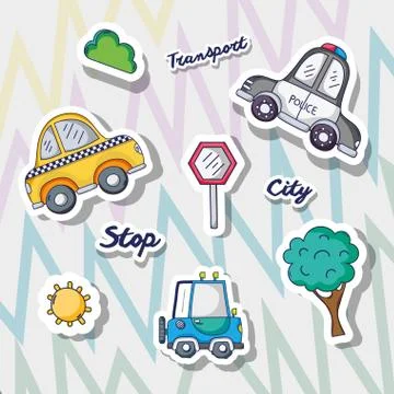 Set transportation and road elements patches design Illustrazione stock