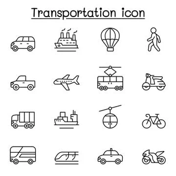 Set of Transportation related vector line icons. contains such Icons as airpl Stock Illustration