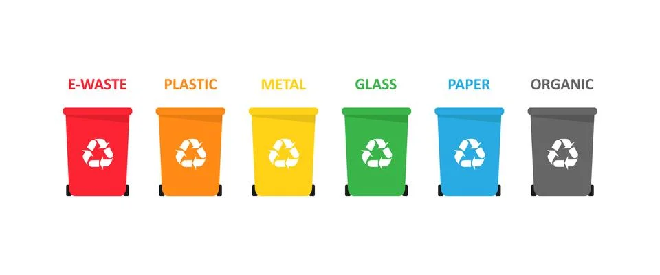 A set of trash bins for electronic, plastic, metal, glass, paper Stock Illustration