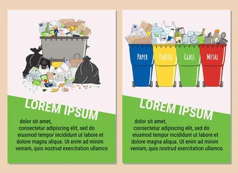 Set of trash bins with mixed and sorted garbage banners. Waste sorting, recyc Stock Illustration