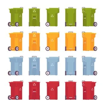 Set of trash bins on wheels, different colors and positions Stock Illustration