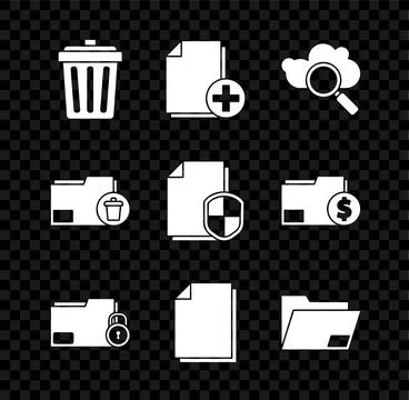 Set Trash can, Add new file, Search cloud computing, Folder and lock, Document Illustrazione stock
