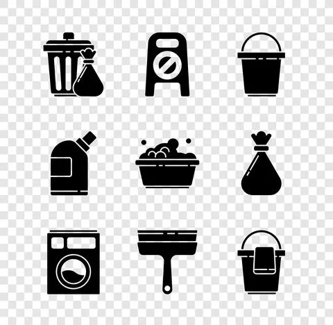 Set Trash can and garbage bag, Wet floor cleaning in progress, Bucket, Washer Ilustración de archivo
