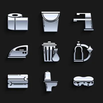 Set Trash can and garbage bag, Toilet bowl, Sponge, Plastic bottles for liquid Stock Illustration