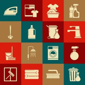 Set Trash can and garbage bag, , Water tap, Plastic basin with soap suds 库存插图