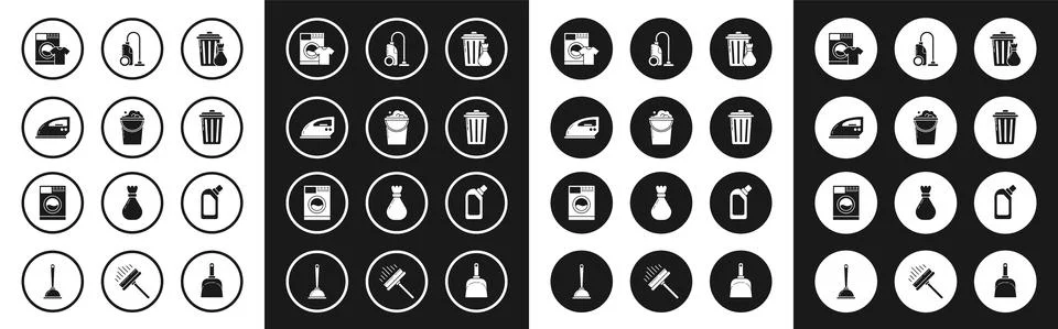 Set Trash can and garbage bag, Bucket with foam bubbles, Electric iron, Washer t Ilustración de archivo