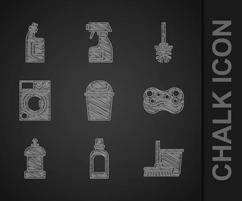 Set Trash can, Bottle for cleaning agent, Mop and bucket, Sponge, Washer, Toilet Stock-Illustration