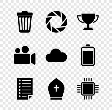Set Trash can, Camera shutter, Trophy cup, Document, Pope hat and Processor with Illustrazione stock