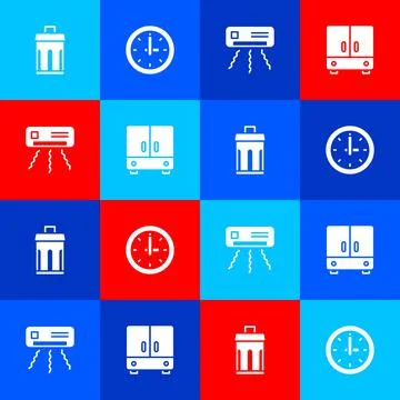 Set Trash can, Clock, Air conditioner and Wardrobe icon. Vector Stock Illustration
