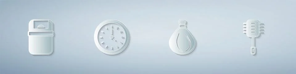 Set Trash can, Clock, Garbage bag and Toilet brush. Paper art style. Vector Illustrazione stock