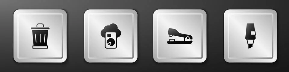 Set Trash can, Cloud database, Stapler and Marker pen icon. Silver square button Stock-Illustration