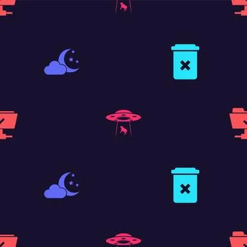 Set Trash can, Cloud with moon and stars, UFO abducts cow and FTP operation s Illustrazione stock