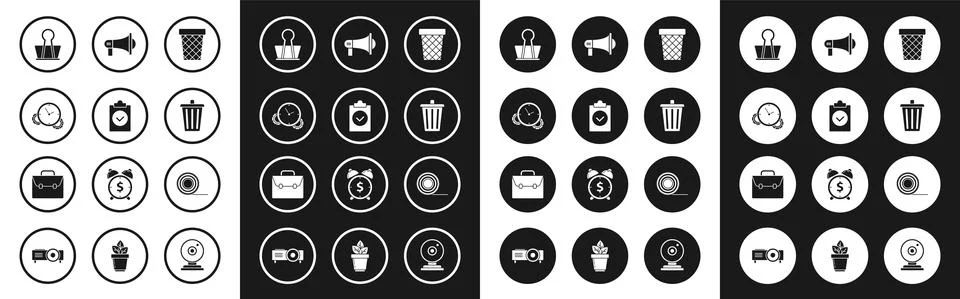 Set Trash can, Completed task, Time Management, Binder clip, Megaphone, Scotch Stock Illustration